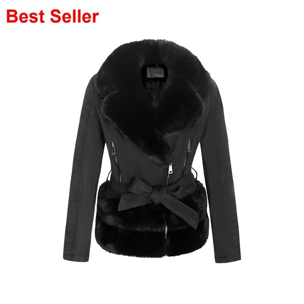 Faux Leather Moto Jacket with Removable Fur Collar Sherpa Lined